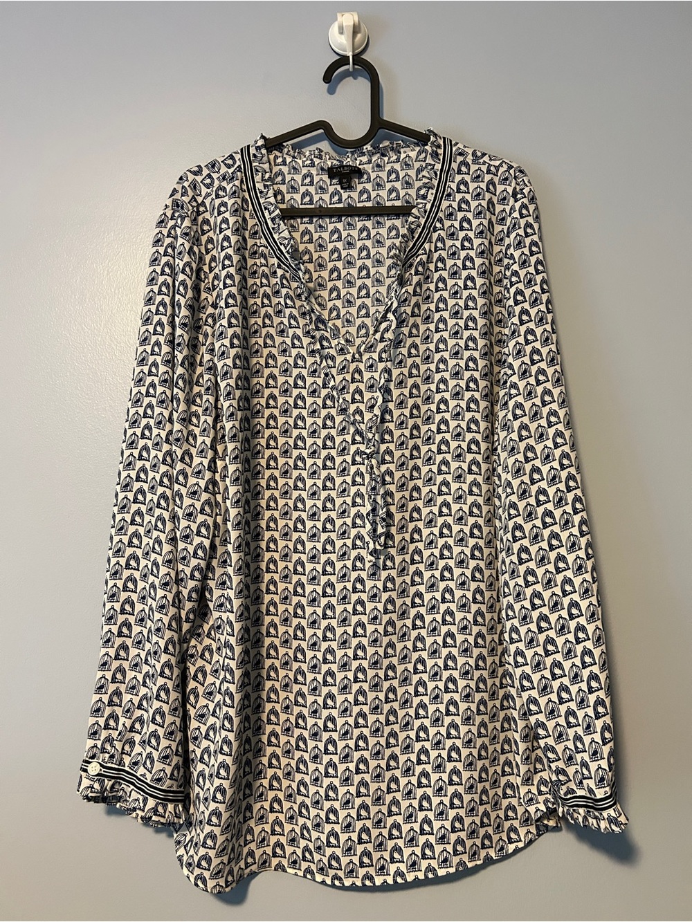 Talbots Navy and White Printed V-Neck Blouse